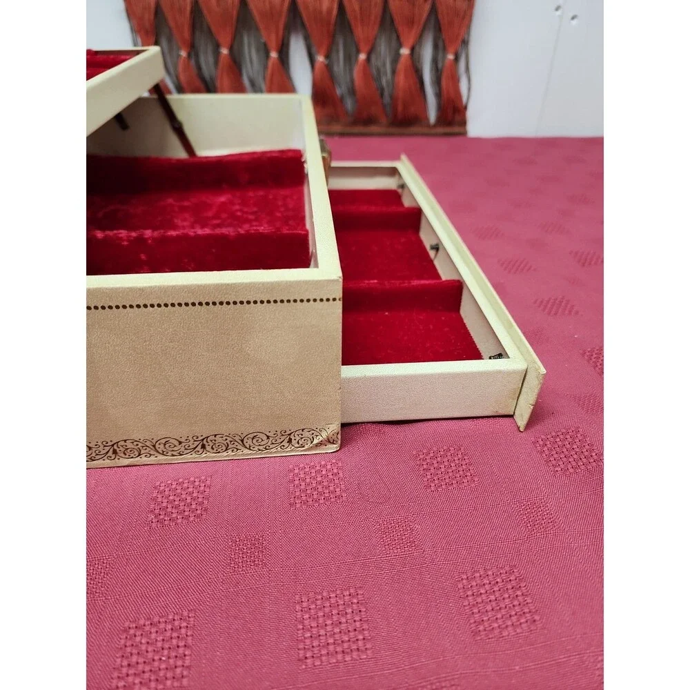 Vintage 1960's Mele & Co. Auto Open Jewelry Box W Original Key Red Velvet Lined